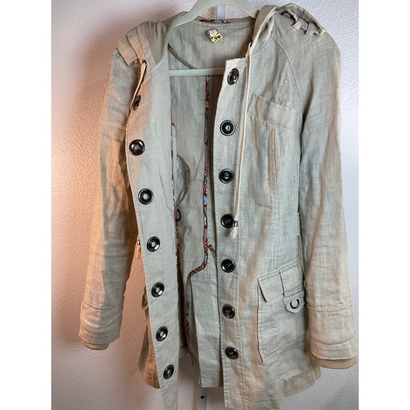 Free People Women's Hooded Military Jacket Ramie Cotton Blend Beige - Picture 2 of 7